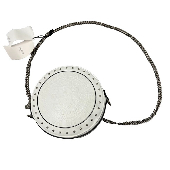 Balmain Handbags - Balmain Disco Leather Circle Crossbody Shoulder Bag White Small Chainlink Strap